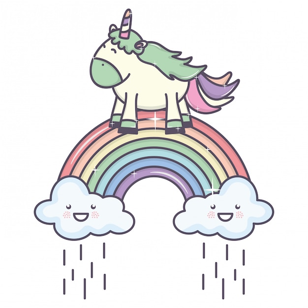 Cute adorable unicorn with clouds rainy and rainbow