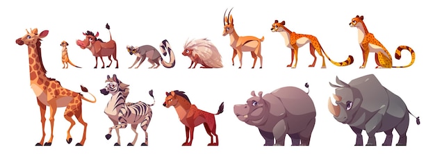 Cute africa zoo animal vector illustration set Funny wild isolated cartoon safari character collection with zebra giraffe rhinoceros leopard and hyena fauna clipart Savanna wildlife icon design