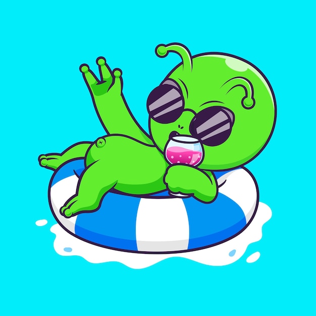 Free vector cute alien chill on swimming tires with juice cartoon vector icon illustration science holiday flat