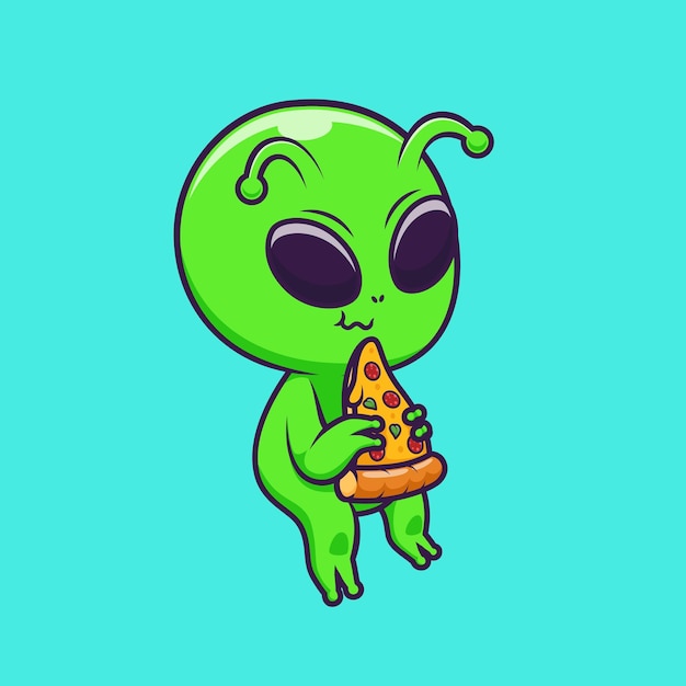 Cute Alien Eating Pizza Cartoon Vector Icon Illustration Science Food Icon Isolated Flat Vector