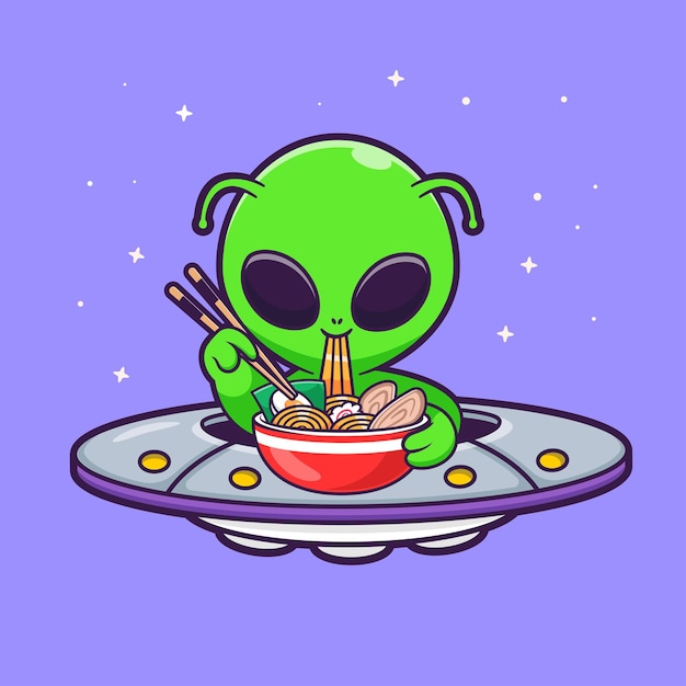 Free vector cute alien eating ramen noodle with chopstick on ufo cartoon vector icon illustration science food