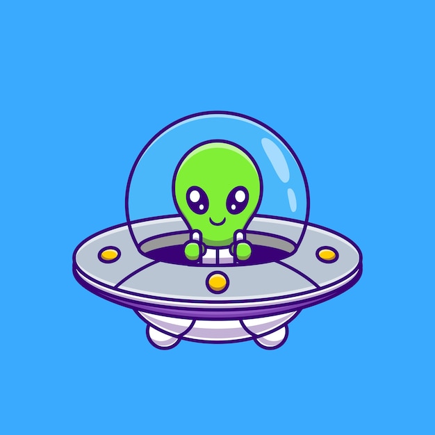 Cute Alien Flying With Spaceship Ufo Cartoon . Science Technology Icon Concept Isolated . Flat Cartoon Style