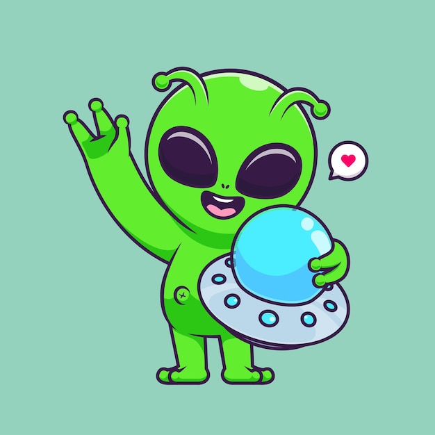 Cute Alien Holding Ufo Cartoon Vector Icon Illustration. Science Technology Icon Concept Isolated