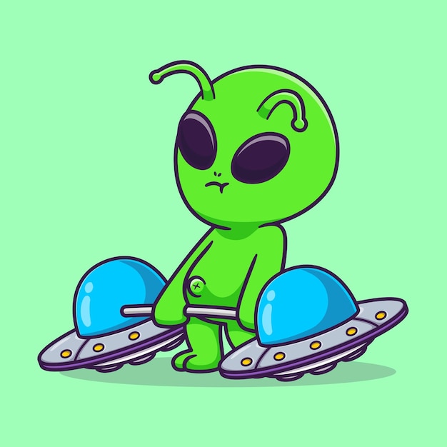 Cute Alien Lifting Ufo Barbell Cartoon Vector Icon Illustration Science Sport Icon Concept Isolated