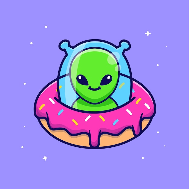 Cute Alien Riding Doughnut Ufo Cartoon Vector Icon Illustration Science Food Icon Concept Isolated