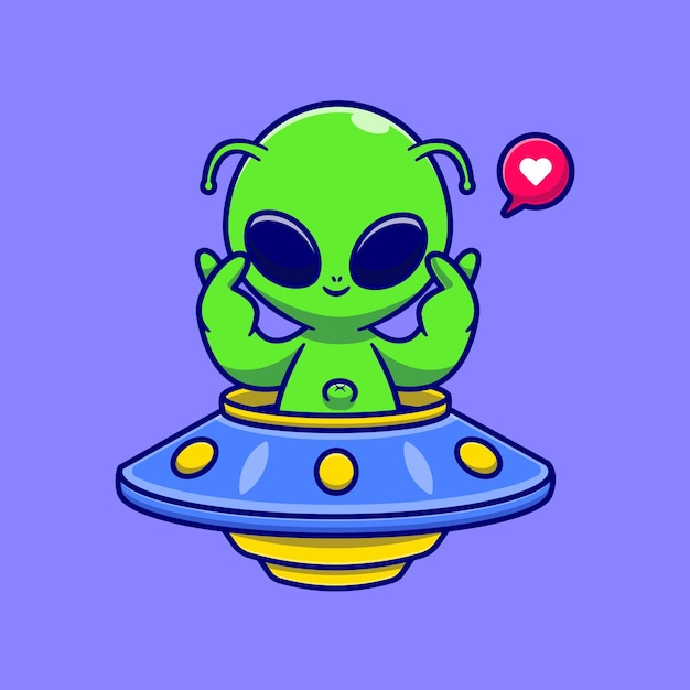 Cute Alien Riding UFO With Love Sign Cartoon Vector Icon Illustration. Science Technology Icon Concept Isolated Premium Vector. Flat Cartoon Style