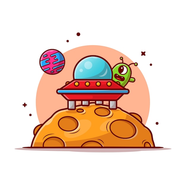 Cute Alien UFO Spaceship Landed on The Moon Cartoon Icon Illustration.