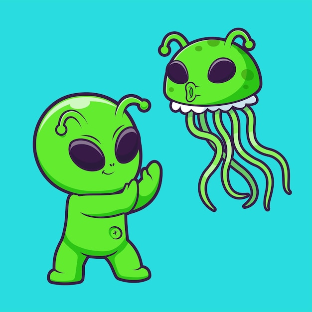 Free vector cute alien with jellyfish alien cartoon vector icon illustration science animal icon isolated flat