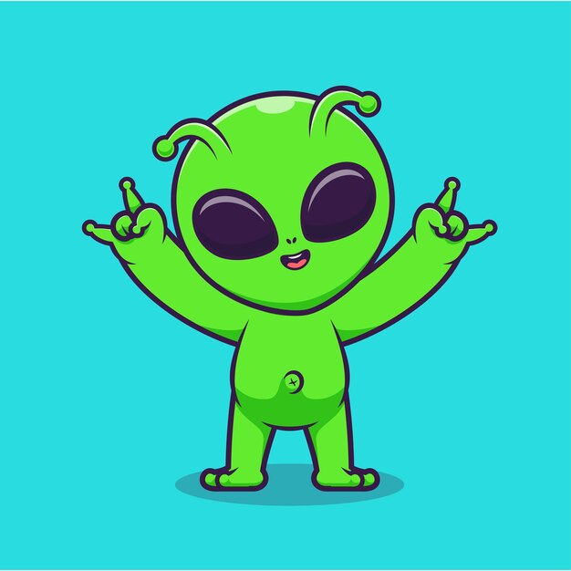 Cute Alien With Metal Hand Cartoon Vector Icon Illustration Science Technology Icon Isolated Flat