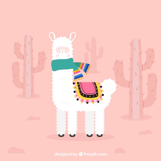 Cute alpaca background with cactus