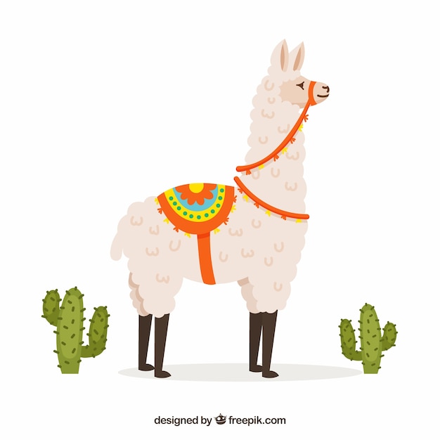 Cute alpaca background with cactus