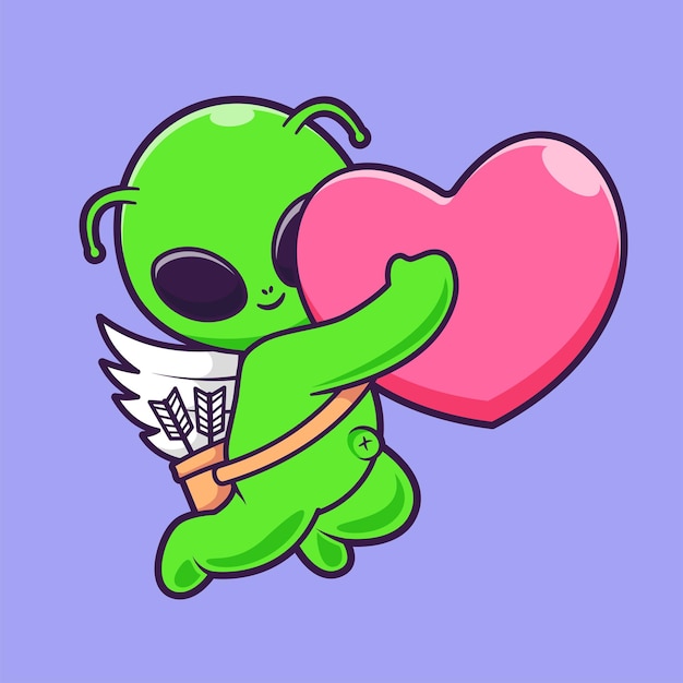 Free vector cute angel alien holding love heart cartoon vector icon illustration science holiday isolated flat