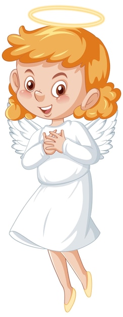 Cute angel cartoon character in white dress on white background