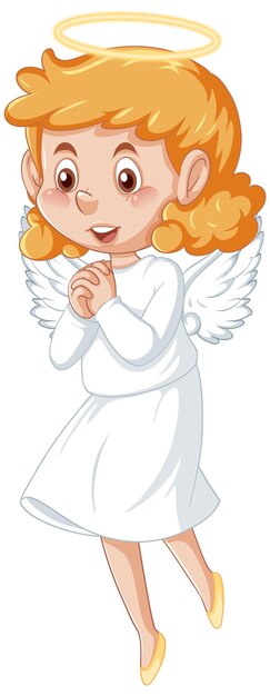 Cute angel cartoon character in white dress on white background