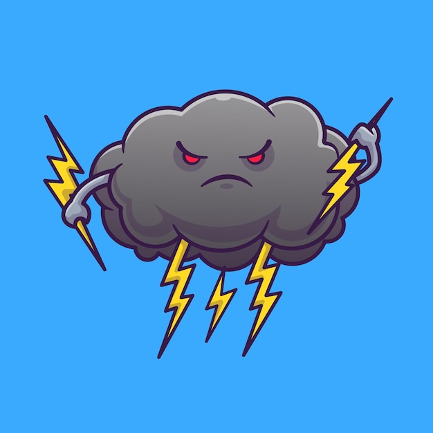 Cute Angry Cloud Storm With Thunder Cartoon Vector Icon Illustration Object Nature Icon Isolated