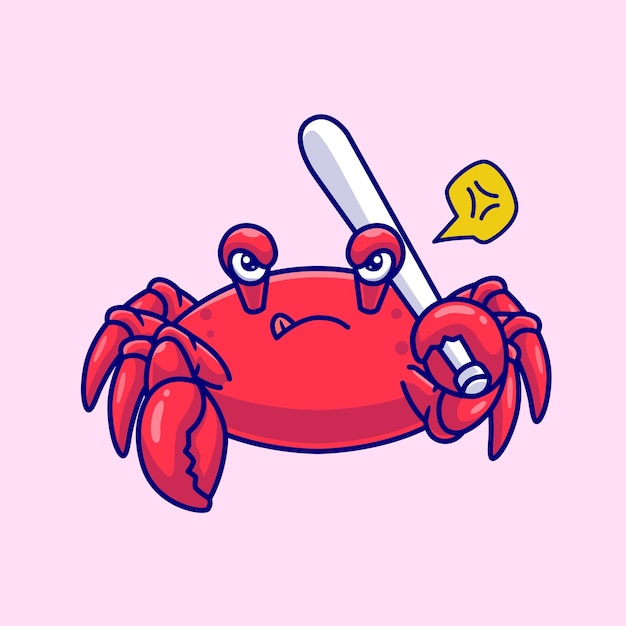 Free Vector cute angry crab holding baseball stick cartoon vector icon illustration. animal sport icon isolated