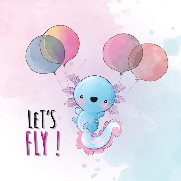 Free Vector cute animal axoloti flying with balloon illustration illustration of background