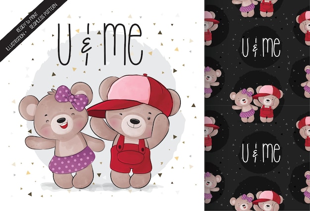 Cute animal baby bear and friend seamless pattern and card