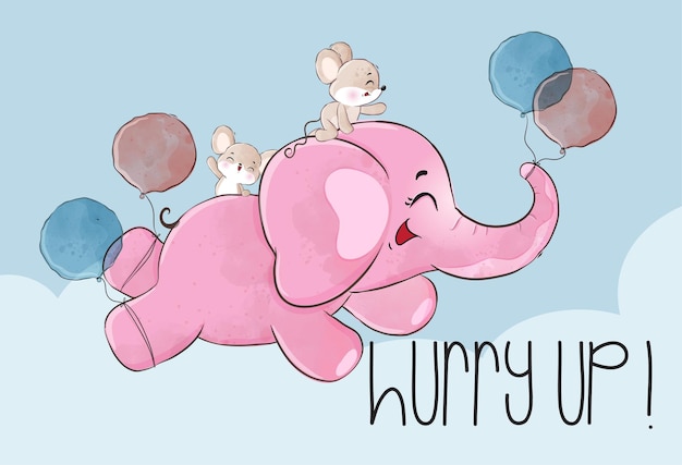 Free vector cute animal baby elephant happy flying with balloon illustration