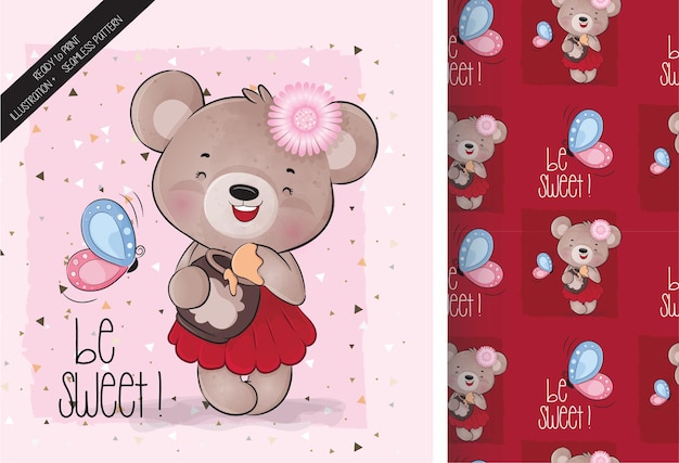 Cute animal beautiful bear with honey and butterfly seamless pattern and card