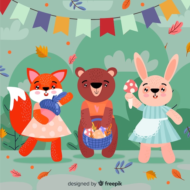 Free vector cute animal collection with leaves and garland