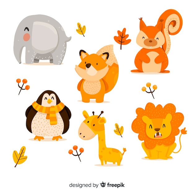 Cute animal collection with leaves