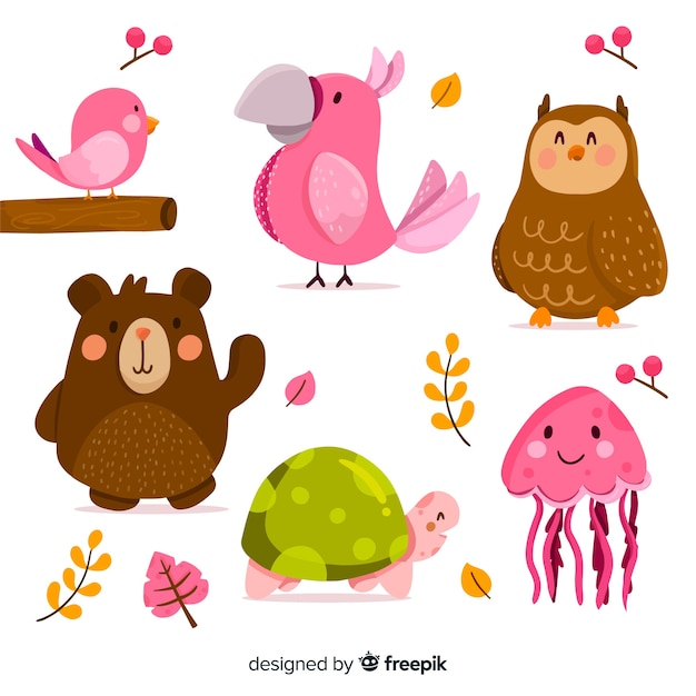 Cute animal collection with pink animals