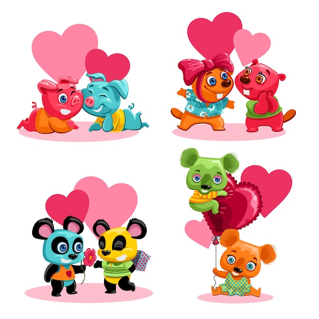 Free vector cute animal couple stickers collection