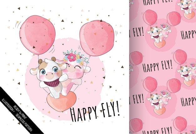 Free vector cute animal cow flying with balloon illustrationillustration of background