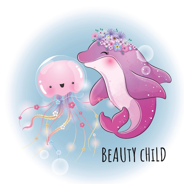 Cute animal dolphin with jelly fish illustrationIllustration of background