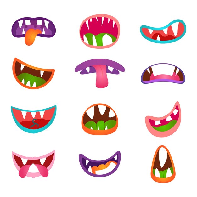 Cute animal face expressions and emotions. Funny cartoon monster comic mouth set. Monsters mouth icon and cartoon mounth with teeth