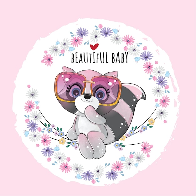 Cute animal happy raccoon with flower illustration- Cute animal watercolor panda character