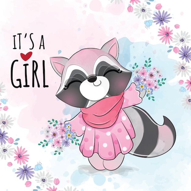 Free vector cute animal happy raccoon with flower illustration- cute animal watercolor panda character