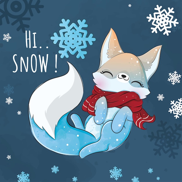 Free Vector cute animal little fox with snow flower illustrationillustration cute animal watercolor