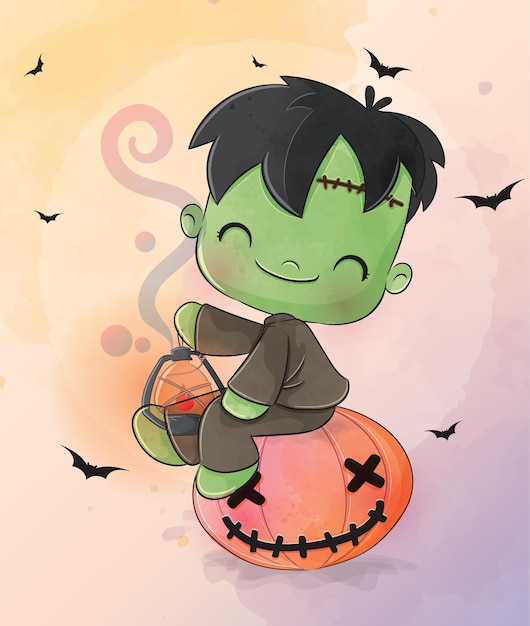 Free Vector cute animal little frankenstein kids with pumpkin illustration - cute animal watercolor kids