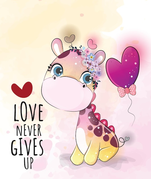 Cute animal little giraffe with love illustration-Illustration of background. Cute animal watercolor