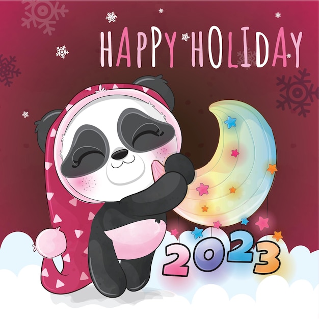 Free Vector cute animal little panda happy 2023 on the snow illustration. cute animal watercolor panda character