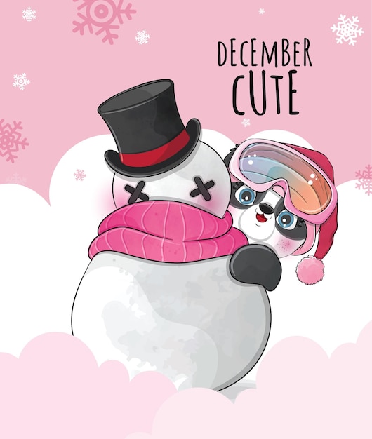 Free Vector cute animal little panda happy december with snowman illustration - cute animal watercolor panda