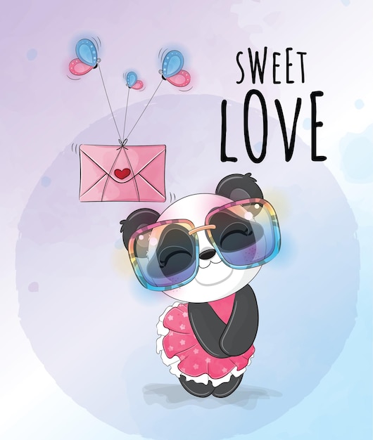 Free vector cute animal little panda with love illustration- cute animal watercolor panda character