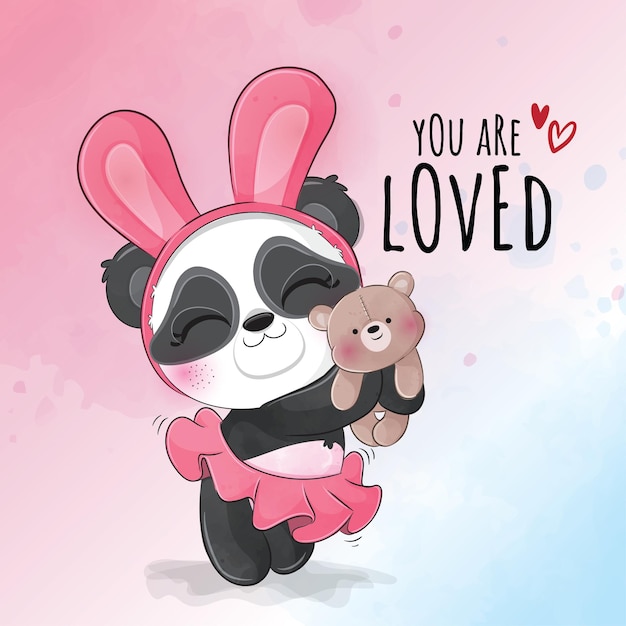 Free vector cute animal little panda with teddy bear illustration- cute animal watercolor panda character