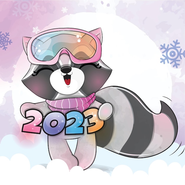 Free Vector cute animal little raccoon happy 2023 on the snow illustration. cute animal watercolor raccoon