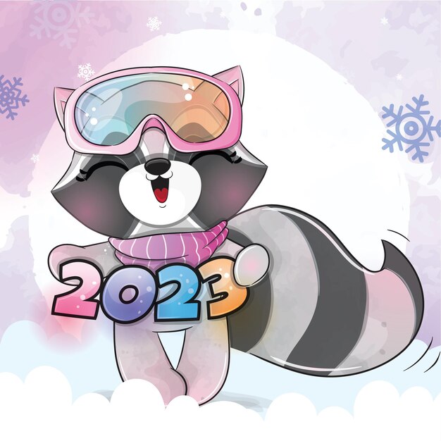 Cute animal little raccoon happy 2023 on the snow illustration. Cute animal watercolor raccoon