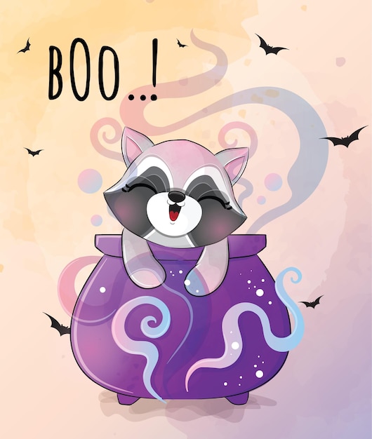 Cute animal little raccoon with cauldron Halloween illustration - Cute animal watercolor raccoon