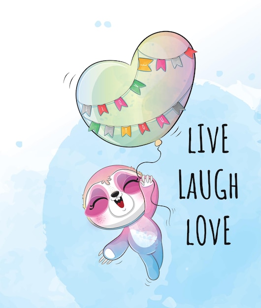 Free vector cute animal little sloth flying with balloon illustration-cute animal watercolor sloth character