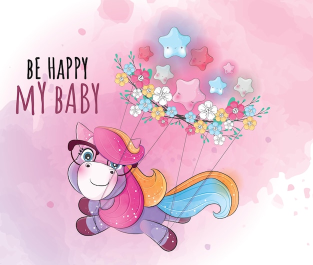 Free vector cute animal little unicorn flying with star balloon illustration cute animal watercolor character