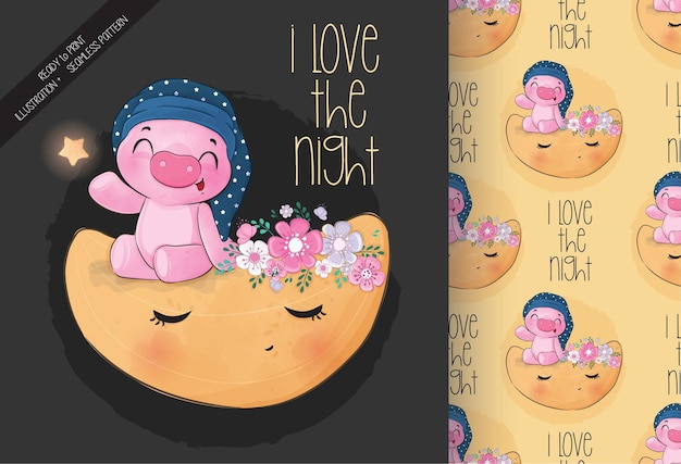 Free vector cute animal pig on the moon seamless pattern