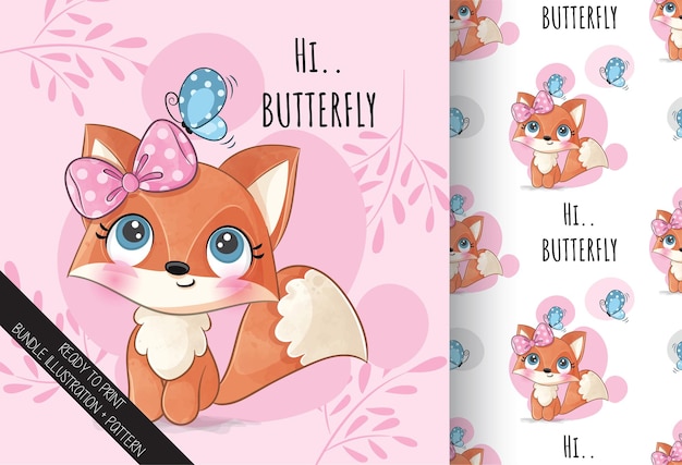 Free Vector cute animal pretty fox with butterfly illustrationillustration of background