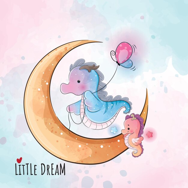 Cute animal seahorses on the moon illustrationIllustration of background