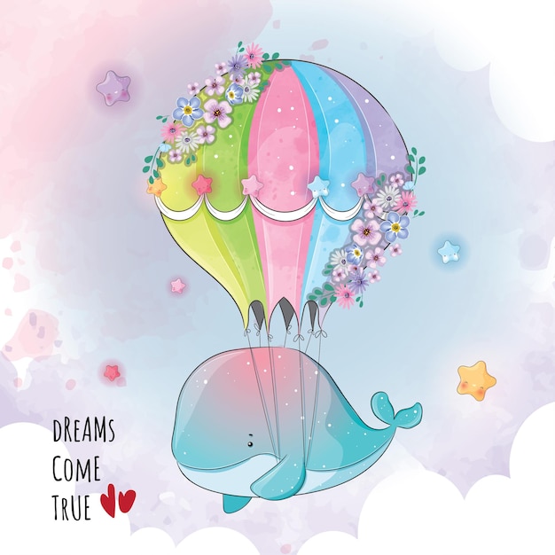 Free Vector cute animal whale flying with balloon illustrationillustration of background