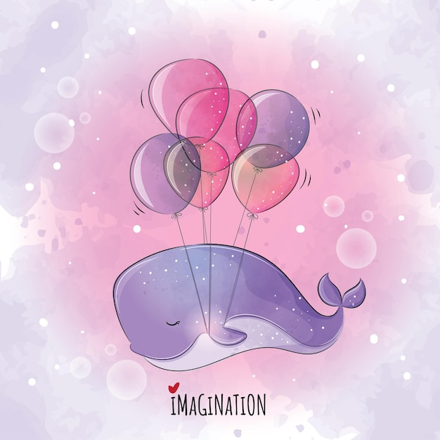 Free vector cute animal whale flying with balloon illustrationillustration of background